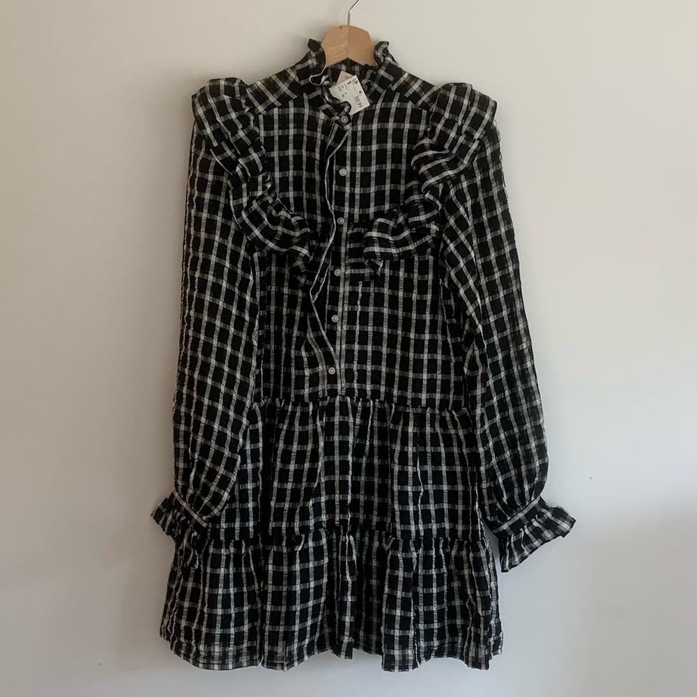h&m plaid ruffle button down dress